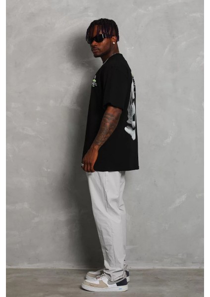 Unisex Oversize Baskılı Bisiklet Yaka T-Shirt - Siyah fırsatları