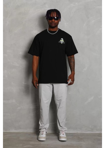 Unisex Oversize Baskılı Bisiklet Yaka T-Shirt - Siyah indirimleri