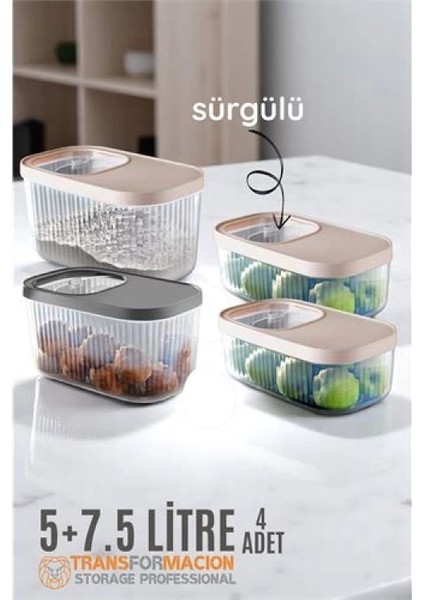 Modacar Erzak Bakliyat Kutusu Sürgülü Kapak Saklama Kabı 5 ve 7.5 Litre 4 Lü