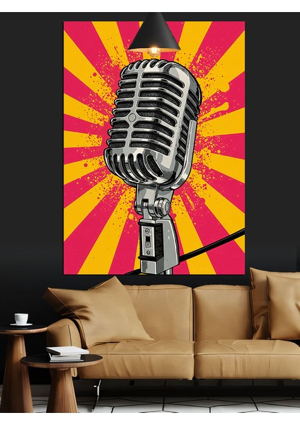 Retro Tarzda Vintage Stüdyo Mikrofonu Dekoratif Kanvas - Mdf Ahşap Tablo