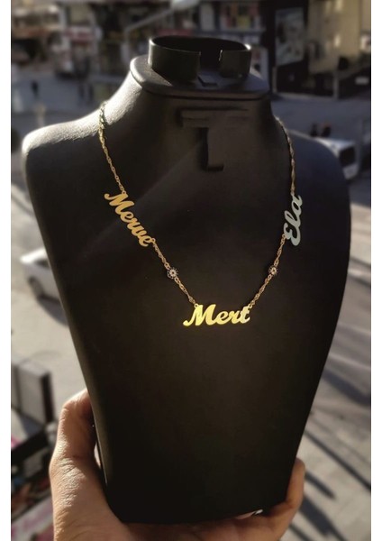 925 Ayar Gümüş 24 Ayar Altın Kaplama 3 Isimli 2 Nazar Boncuklu Kolye