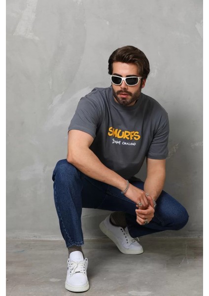 Unisex Basic Bisiklet Yaka Oversize T-Shirt - Füme modelleri