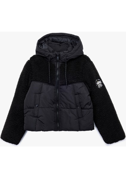 Kapüşonlu Uzun Kollu Peluş Detaylı Baskılı Şişme Mont modelleri