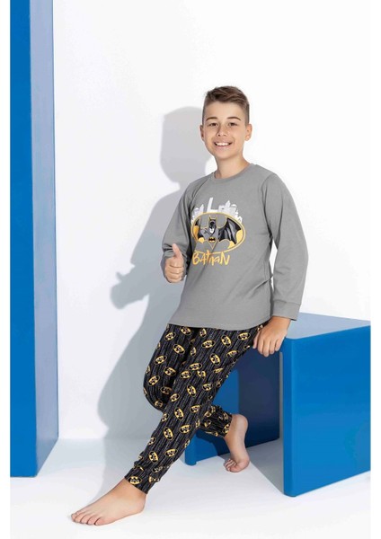 Tarık 5-9 Yaş Erkek Çocuk Batman Baskılı Interlok Pijama Takımı 4126270 - Gri