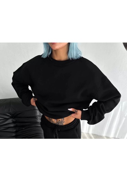 Kışlık Bisiklet Yaka Üç Iplik Basic Sweatshirt - Siyah