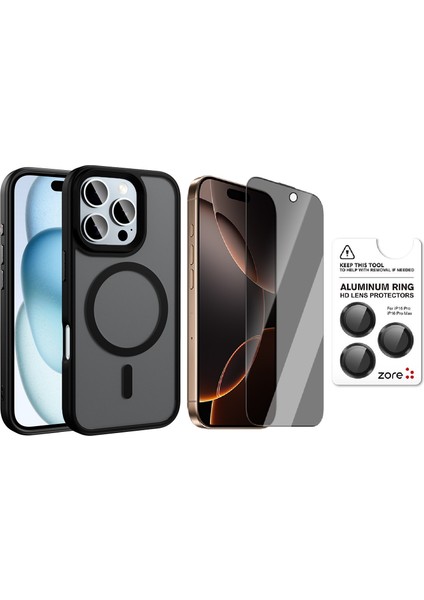 iPhone 16 Pro Max Kılıf Mat Arka Yüzey Wireless Şarj Özellikli Zore Flet M-Safe Kapak +Safir Kamera Lens + Hayalet Ekran Koruyucu