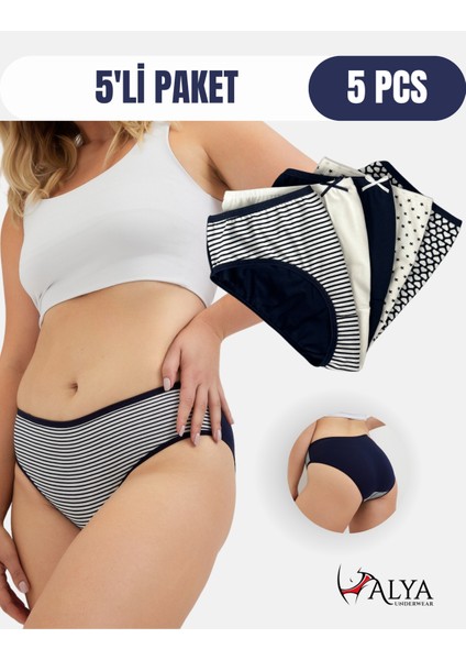 Pamuklu Kadın Külot Slip Empirme Baskılı Yüksek Bel Iç Çamaşırı - 5'li Paket - Lacivert, Xl