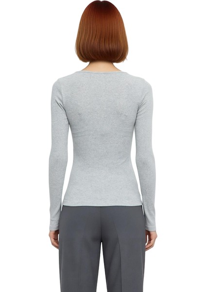 Kadın Moda Şık Regular Havuz Yaka Slim Kalıp Örme Çıtçıtlı Fitted Vücuda Oturan Fitilli Esnek Bluz modelleri