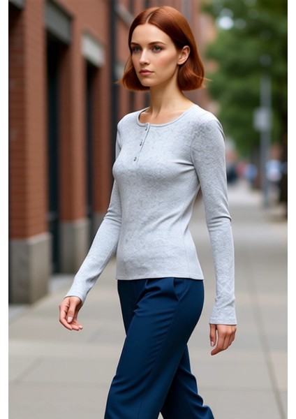 Kadın Moda Şık Regular Havuz Yaka Slim Kalıp Örme Çıtçıtlı Fitted Vücuda Oturan Fitilli Esnek Bluz fırsatları