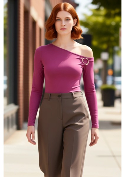 Kadınlar Için Fitted Uzun Kollu Aksesuar Detaylı Asimetrik Yaka Bluz Kaliteli Şık Rahat Modern fırsatları