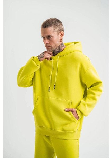 Unisex Double Oversize Kapşonlu Basic Sweatshirt - Sarı modelleri