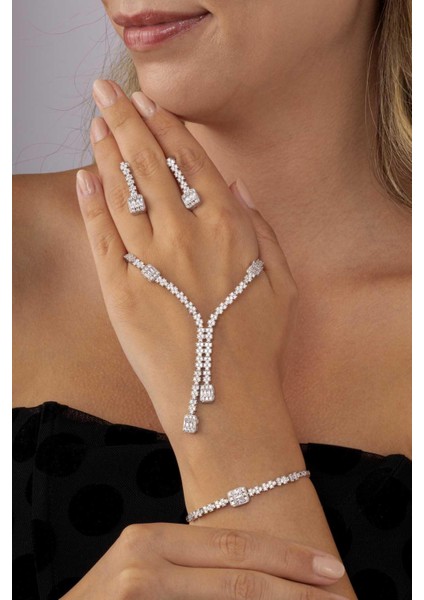 Baget Taşlı Rodyum Kaplama Su Yolu 925 Ayar Gümüş Düğün Set