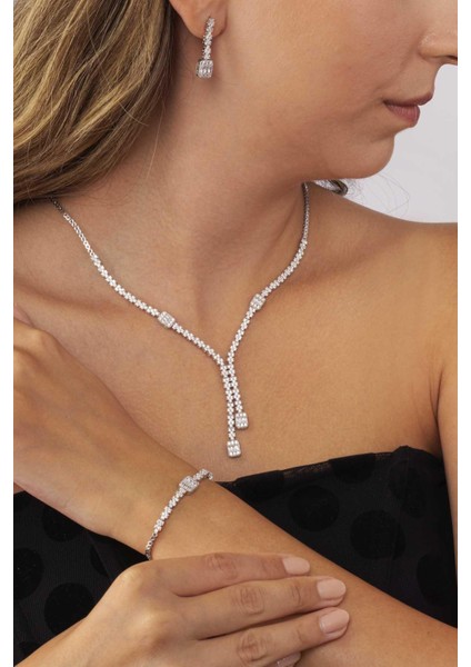 Baget Taşlı Rodyum Kaplama Su Yolu 925 Ayar Gümüş Düğün Set fiyatları