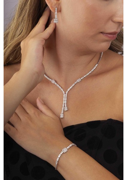 Baget Taşlı Rodyum Kaplama Su Yolu 925 Ayar Gümüş Düğün Set modelleri