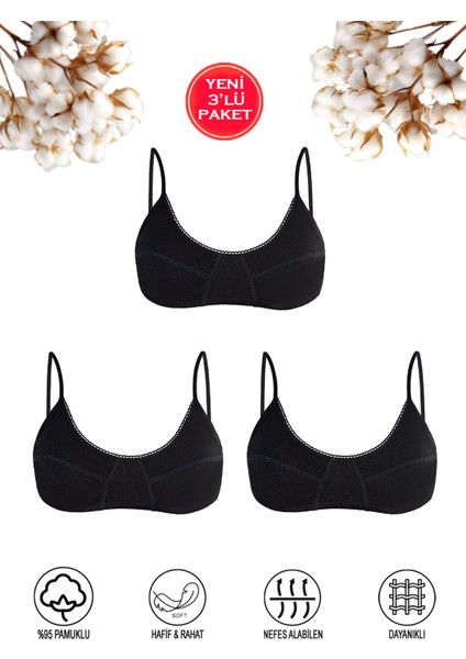 Özkan 40413 3'lü Paket Kız Çocuk %95 Pamuklu Kapsız Balensiz Pedsiz Alıştırma Sütyeni Ince Askılı Esnek Rahat Yarım Atlet Büstiyer