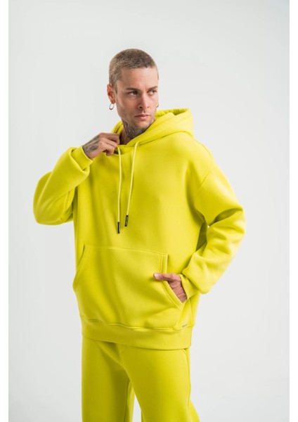 Unisex Double Oversize Kapşonlu Basic Sweatshirt - Sarı indirimleri