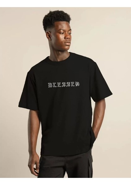 Unisex Bisiklet Yaka Oversize Baskılı T-Shirt - Siyah