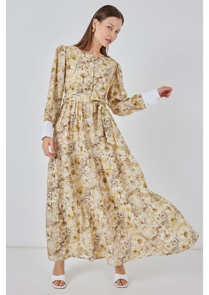 Kadın Bdart Viskon Karışımlı Düğmeli Desenli Maxi Elbise Limon Sarısı fiyatları