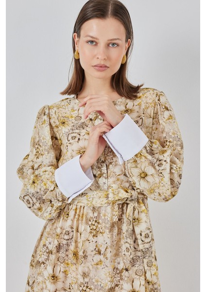 Kadın Bdart Viskon Karışımlı Düğmeli Desenli Maxi Elbise Limon Sarısı modelleri