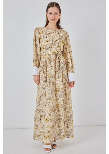 Kadın Bdart Viskon Karışımlı Düğmeli Desenli Maxi Elbise Limon Sarısı fırsatları