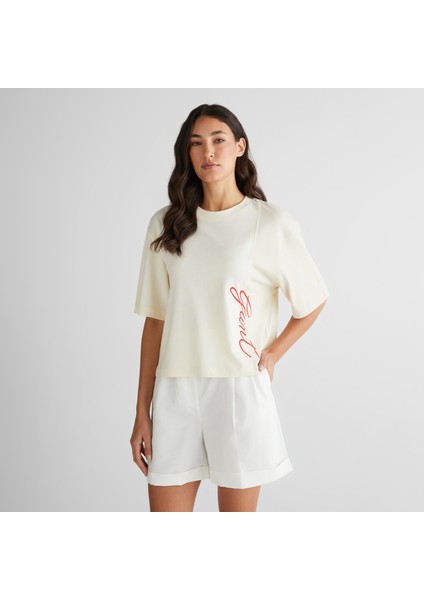 Kadın Beyaz Bisiklet Yaka Renk Bloklu T-Shirt