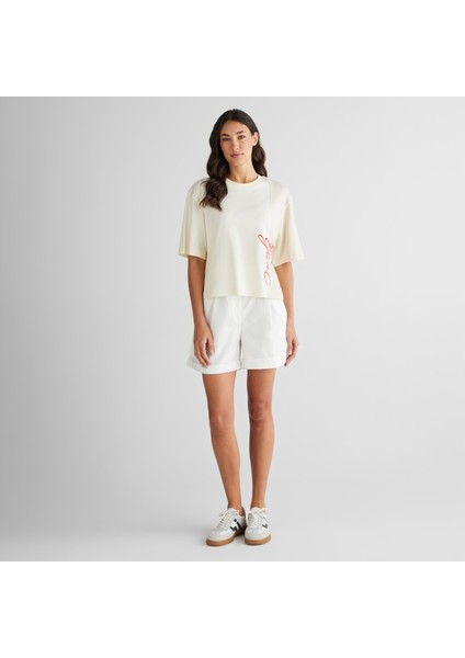 Kadın Beyaz Bisiklet Yaka Renk Bloklu T-Shirt modelleri