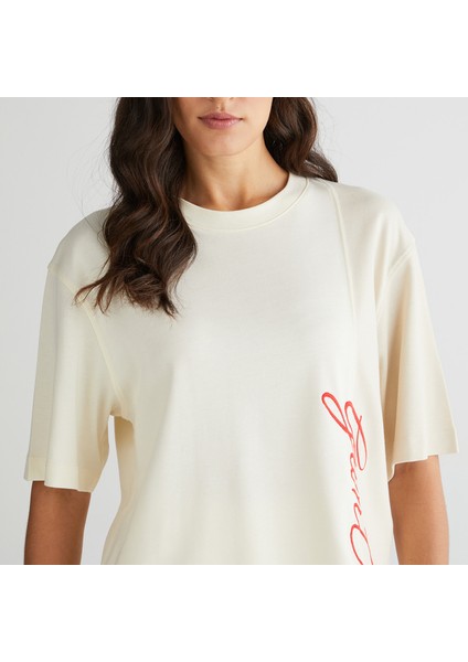 Kadın Beyaz Bisiklet Yaka Renk Bloklu T-Shirt fırsatları