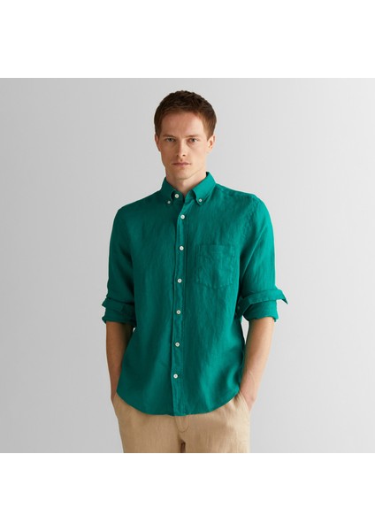 Erkek Yeşil Regular Fit Düğmeli Yaka Keten Gömlek