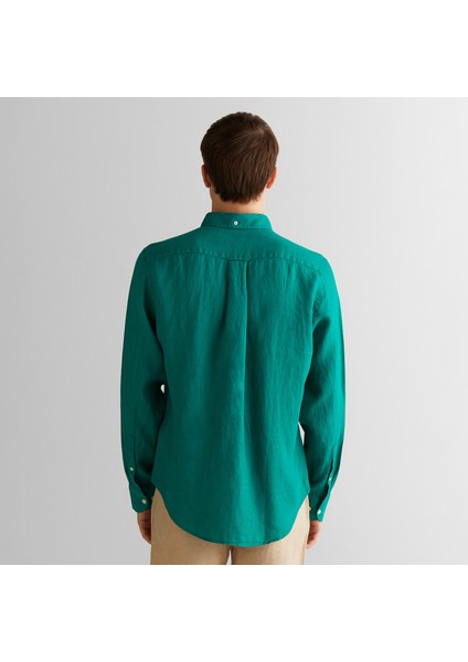 Erkek Yeşil Regular Fit Düğmeli Yaka Keten Gömlek fiyatları
