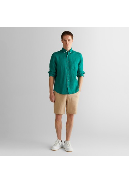 Erkek Yeşil Regular Fit Düğmeli Yaka Keten Gömlek modelleri