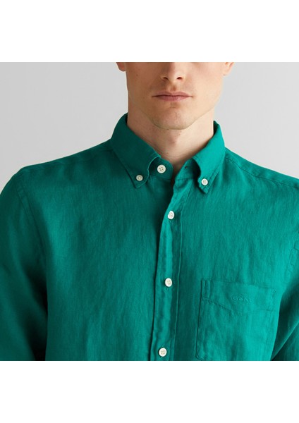 Erkek Yeşil Regular Fit Düğmeli Yaka Keten Gömlek fırsatları