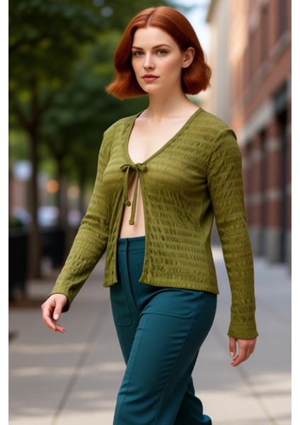 Kadın Dokulu V Yaka Bağcıklı Uzun Kollu Esnek Örme Kaliteli Şık Rahat Modern Zarif Günlük