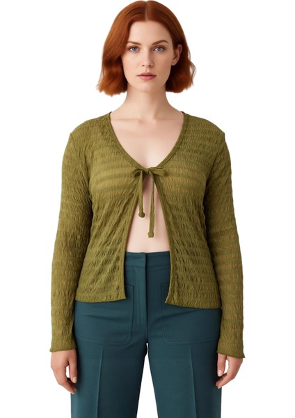 Kadın Dokulu V Yaka Bağcıklı Uzun Kollu Esnek Örme Kaliteli Şık Rahat Modern Zarif Günlük modelleri