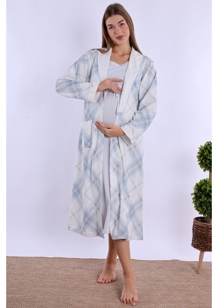 Mavi %100 Pamuk Sabahlıklı Hamile Lohusa Gecelik Takım fırsatları