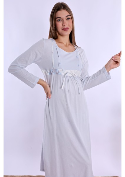 Mavi %100 Pamuk Sabahlıklı Hamile Lohusa Gecelik Takım