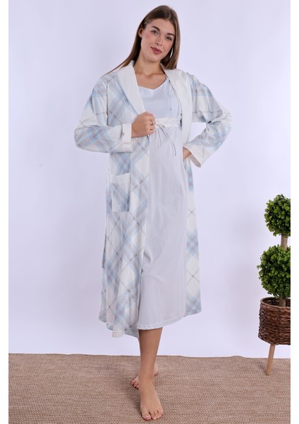 Mavi %100 Pamuk Sabahlıklı Hamile Lohusa Gecelik Takım