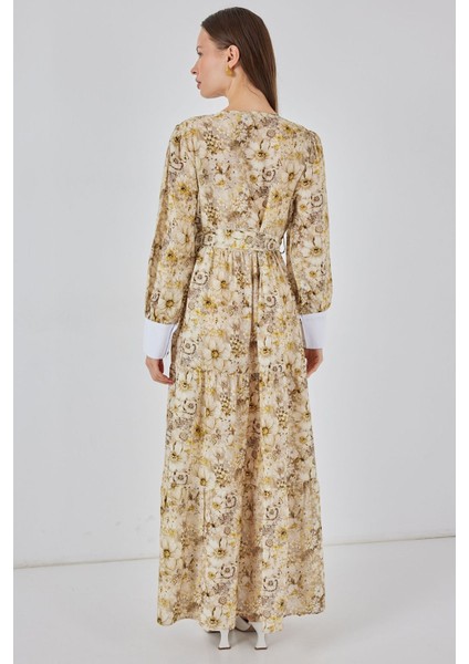 Kadın Bdart Viskon Karışımlı Düğmeli Desenli Maxi Elbise Limon Sarısı