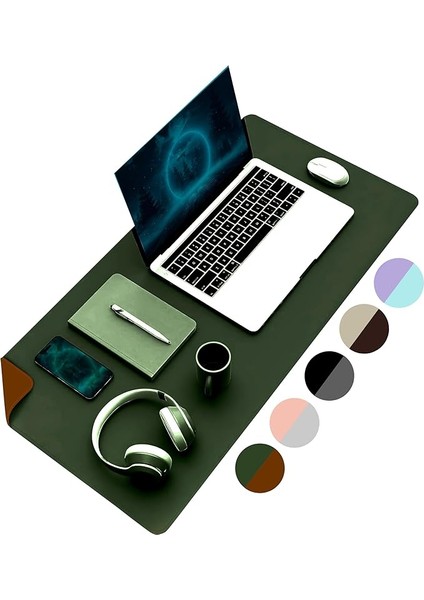Çift Renk Dikişli Pu Deri Masa Matı 80X40 cm Mousepad, Su Geçirmez Masa Sümeni, Çift Taraflı Kullanım, Dizüstü Bilgisayar/ofis/ev Için, Kaymaz Taban (Koyu Yeşil ve Taba)
