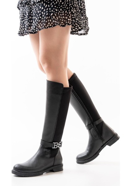 Kadın Lora Tokalı Dalgıç Kumaş Düz Taban Çizme Siyah fiyatları