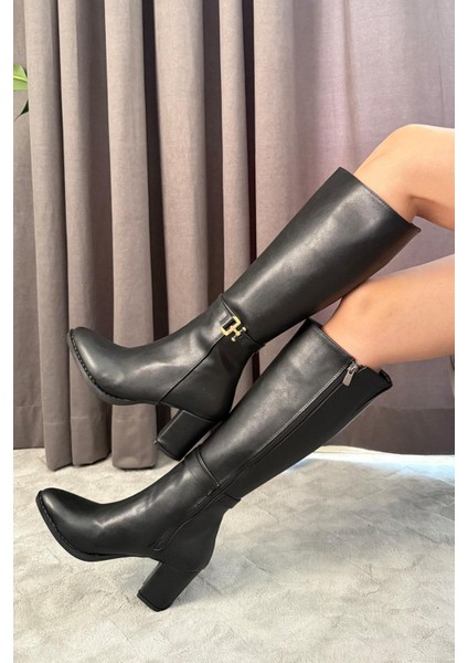 Kadın Lara Yandan Fermuarlı Diz Altı Çizme Siyah