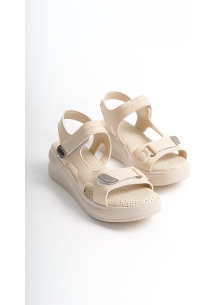 Kadın Aston Konfor Ortopedik Taban Cırtlı Sandalet Krem