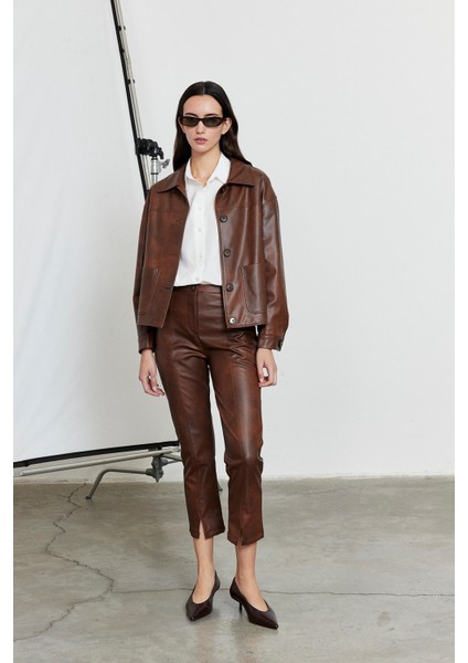 Suni Deri Bomber Ceket Kahverengi