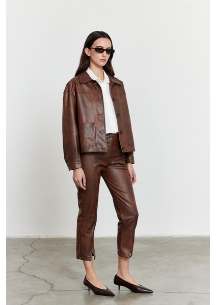 Suni Deri Bomber Ceket Kahverengi fiyatları