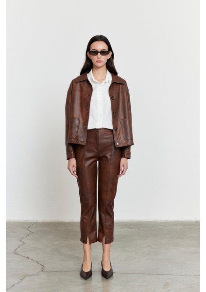 Suni Deri Bomber Ceket Kahverengi modelleri