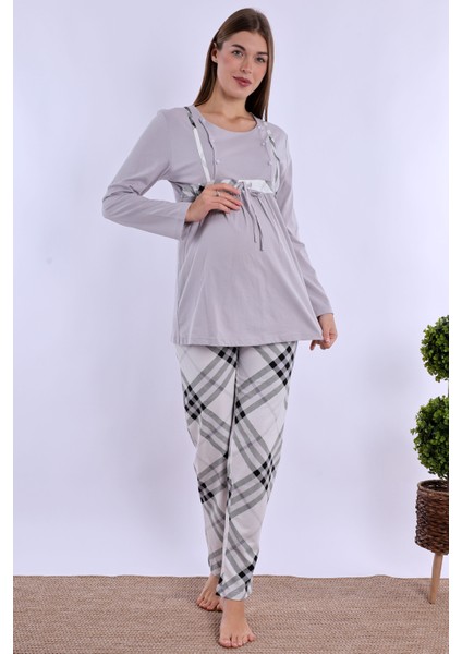 Gri %100 Pamuk Sabahlıklı Hamile Lohusa Pijama Takımı fırsatları