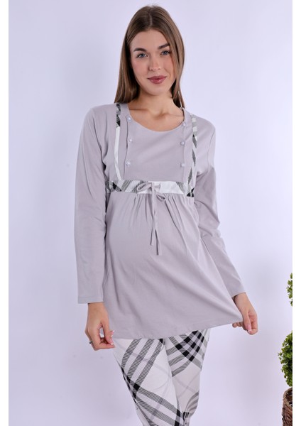 Gri %100 Pamuk Sabahlıklı Hamile Lohusa Pijama Takımı