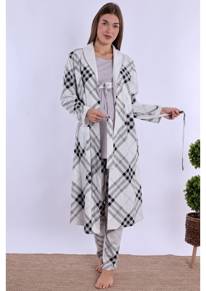 Gri %100 Pamuk Sabahlıklı Hamile Lohusa Pijama Takımı