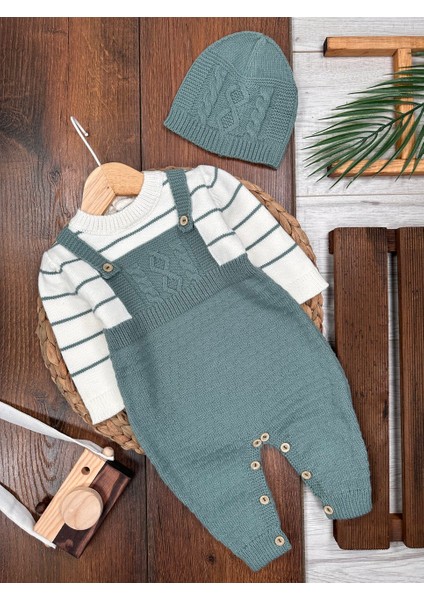 Pamuklu Triko Şapkalı Tulum 2li Erkek Bebek Takım