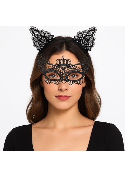 Parti Gecesi Siyah Dantel Maske ve Taç Seti 9 No