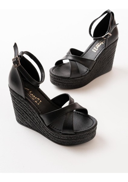 Kadın Çapraz Bantlı Dolgu Topuklu (11CM) Ayakkabı Rahat Yüksek Topuklu 700 Siyah modelleri